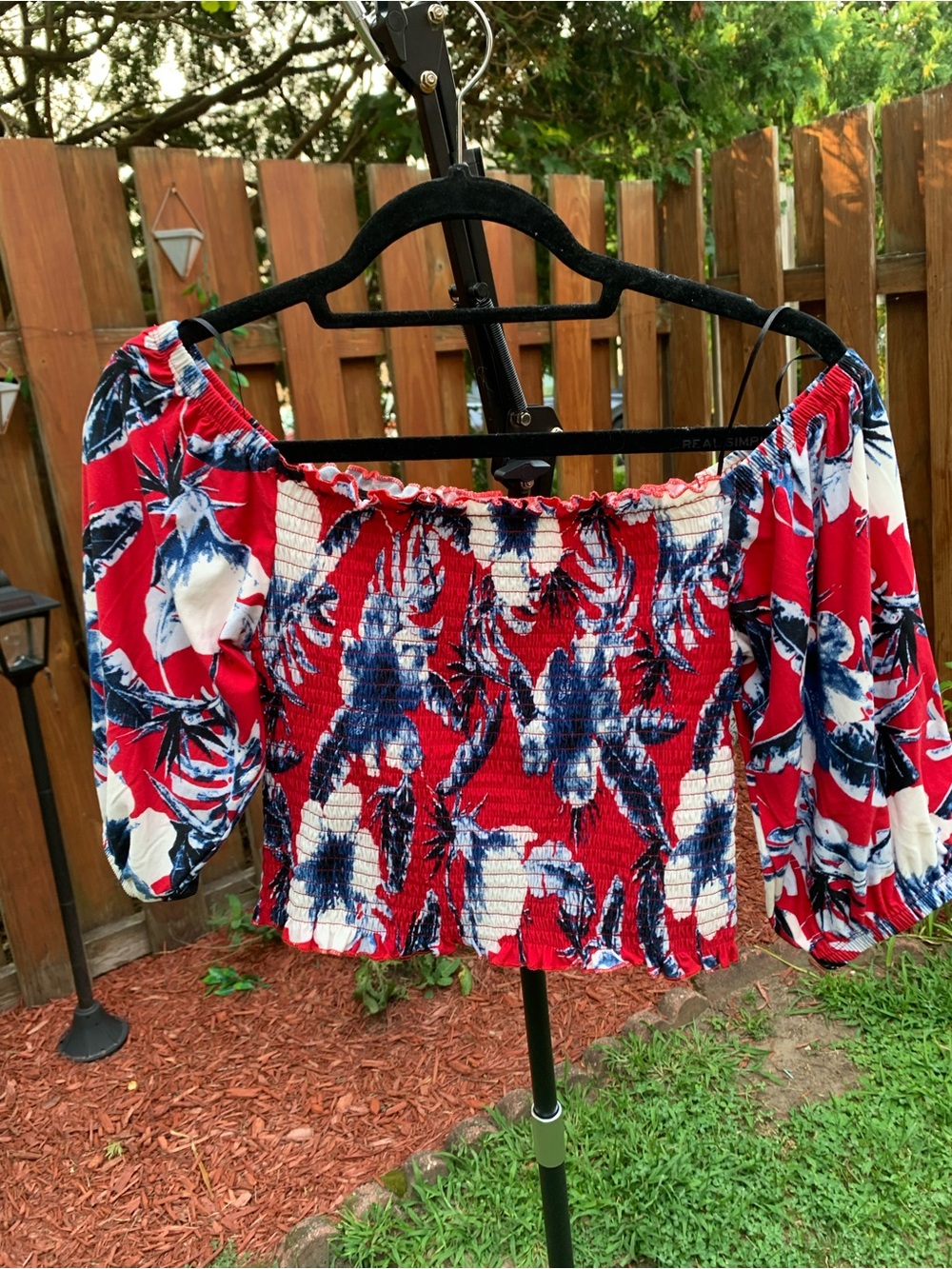 Love By Design Red Navy White Floral Smocked Off-Shoulder Crop Top